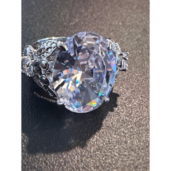 Silver Plated CZ Statement Ring Oval Cut Stone With Vintage Inspired Design - Picture 1 of 4